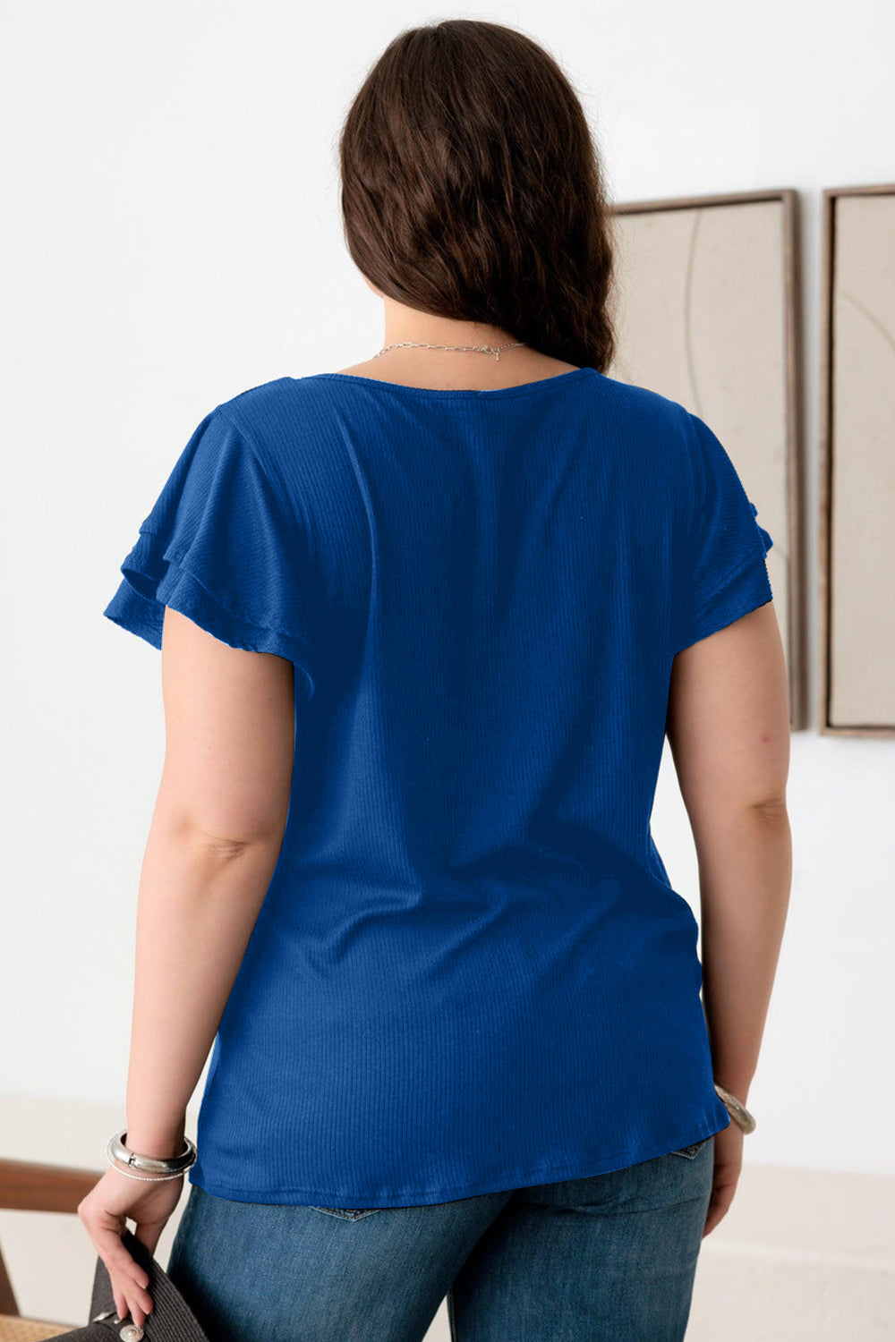 Plus Size Short Fluttery Sleeve Round Neck Top - Royal Blue