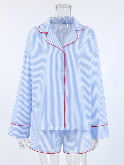 Striped Button Up Shirt and Shorts Lounge Set -