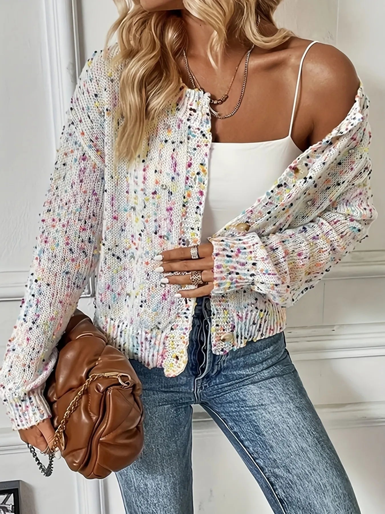 Colorful Button Up Long Sleeve Cardigan - White