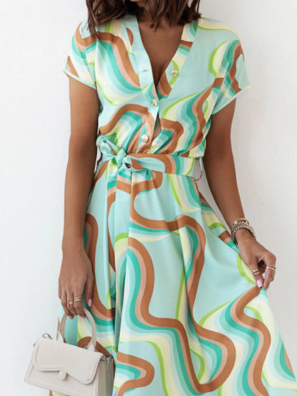 Printed Button Front Midi Dress -