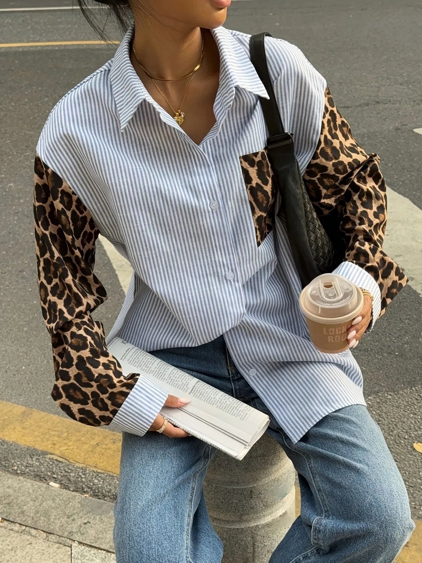 Leopard Print Sleeve Striped Button-Down Shirt - Multicolor