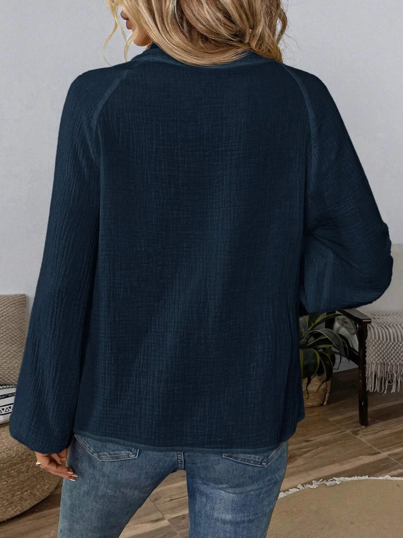Paisley Pattern Notched Long Sleeve Blouse -