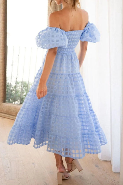 Off Shoulder Short Puff Sleeve Midi Dress -