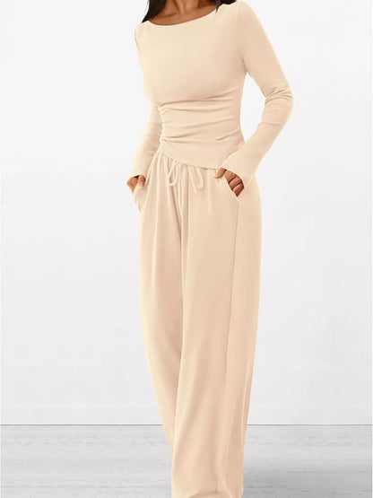 Long Sleeve Top and Wide Leg Pants Set -