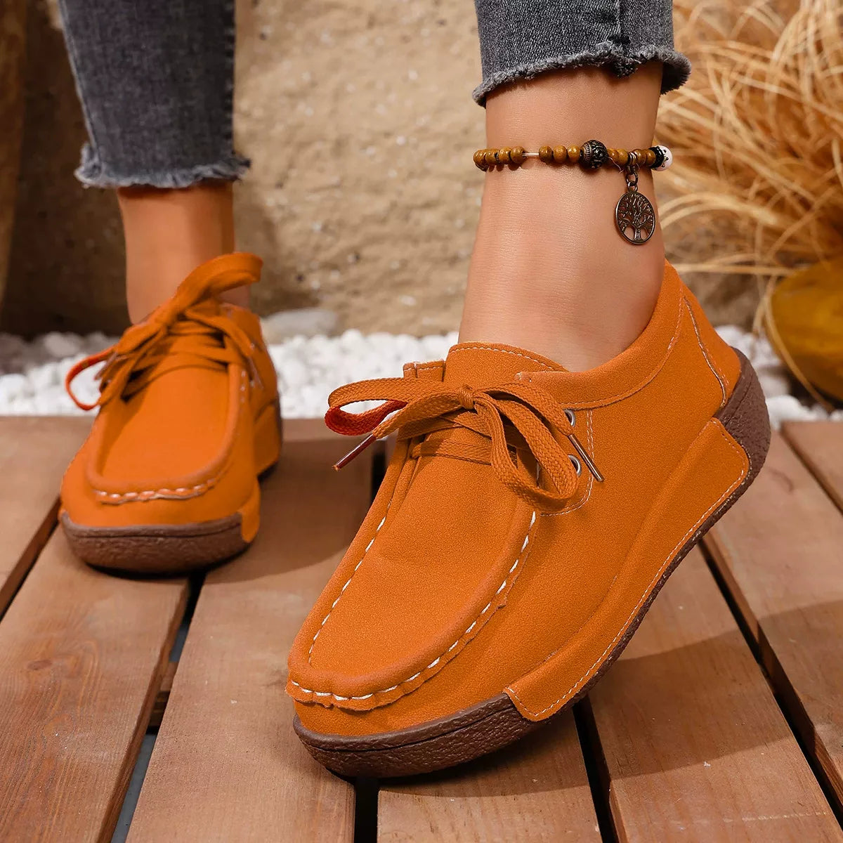 Lace-Up Casual Loafers - Orange