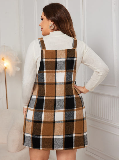 Plus Size Plaid Wide Strap Overall Dress - Caramel