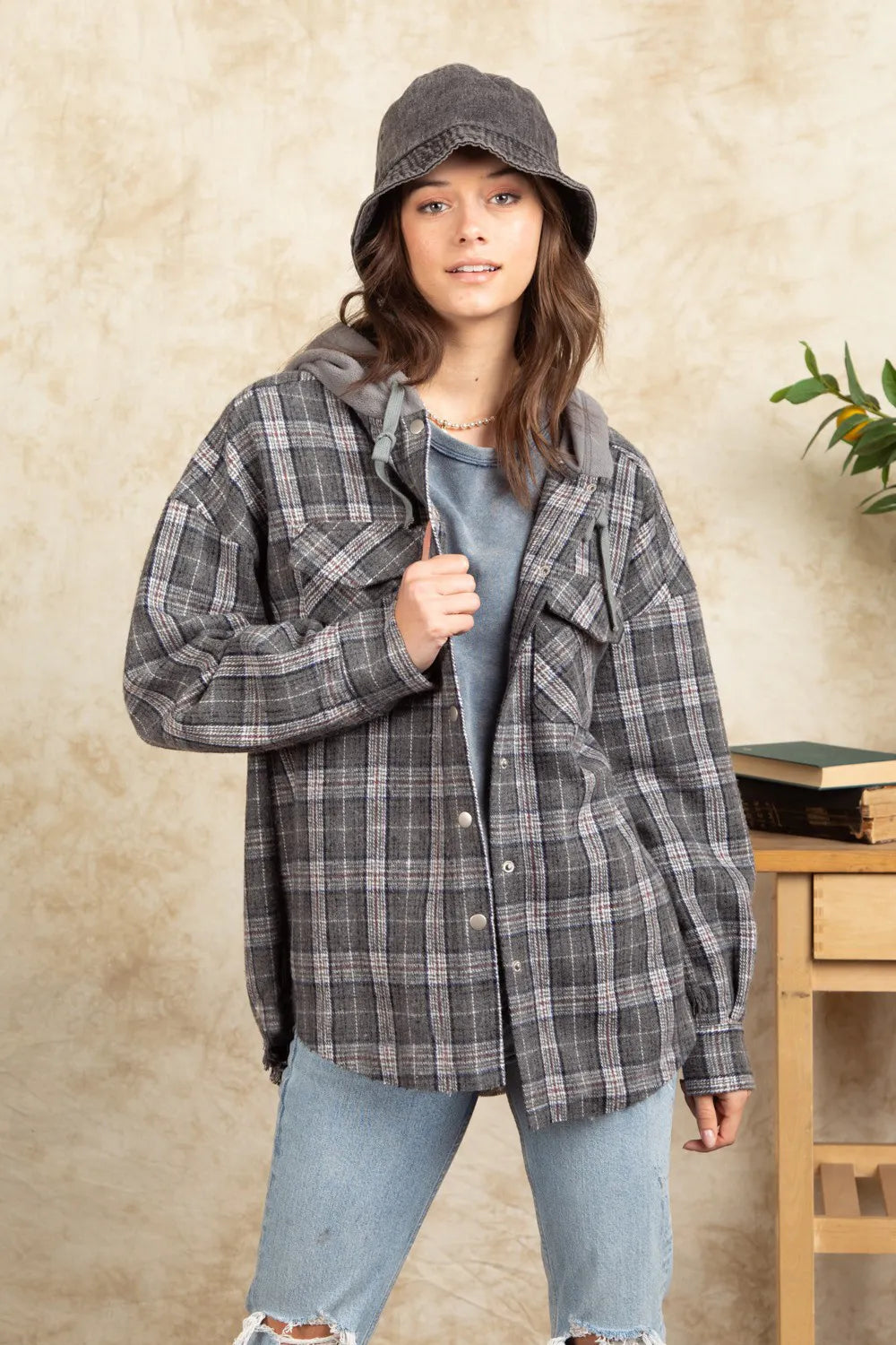 Drawstring Plaid Long Sleeve Hooded Jacket - Dark Gray