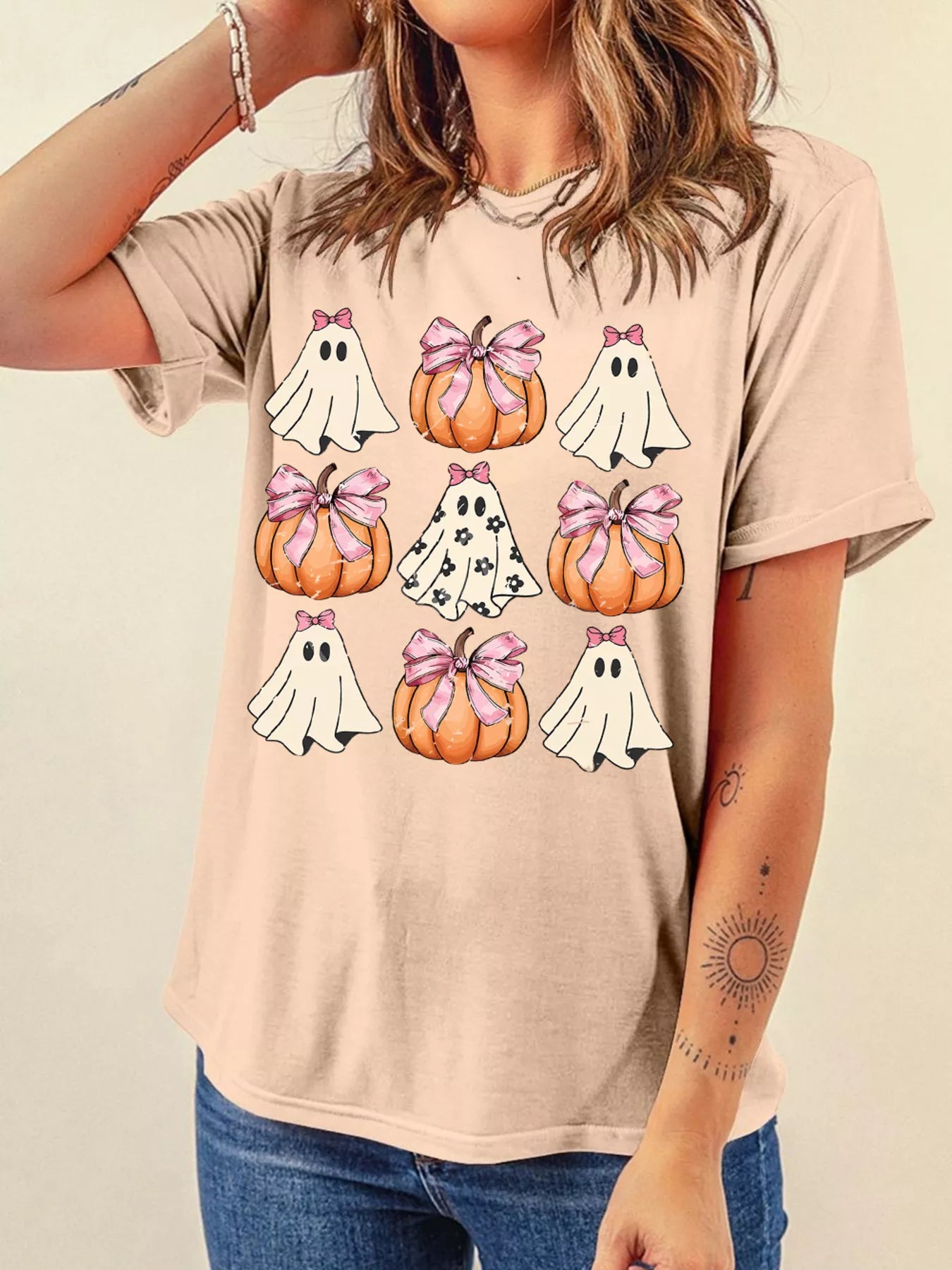 Bowknot Ghost Pumpkin Graphic T-Shirt -