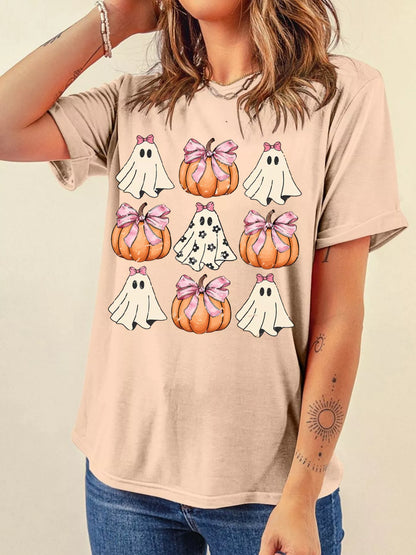 Bowknot Ghost Pumpkin Graphic T-Shirt -