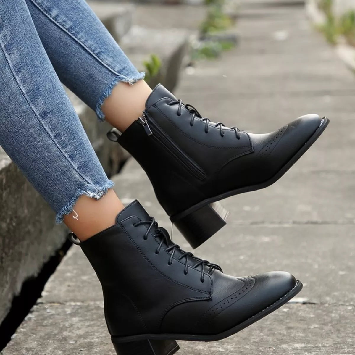 Lace-Up Ankle Boots with Zipper - Black