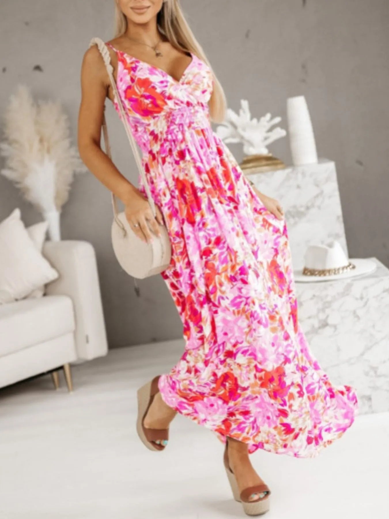 Printed Spaghetti Strap Maxi Dress -