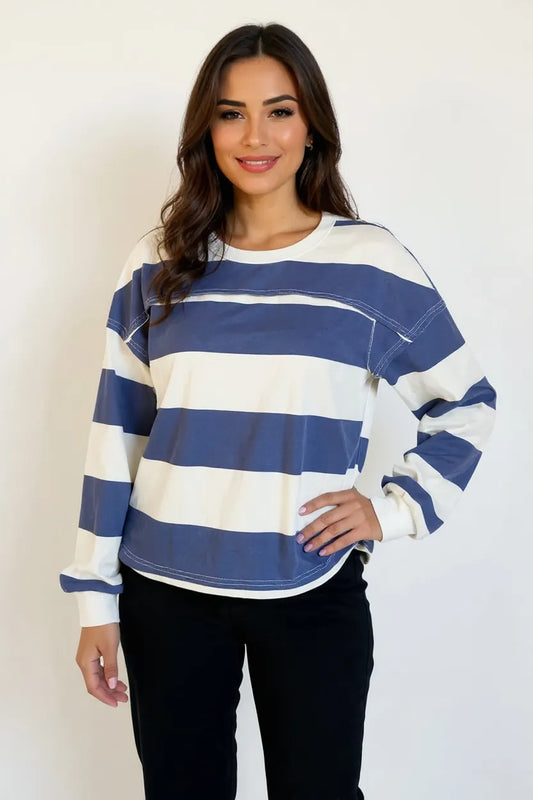 Exposed Seam Contrast Striped Round Neck T-Shirt - Dusty Blue