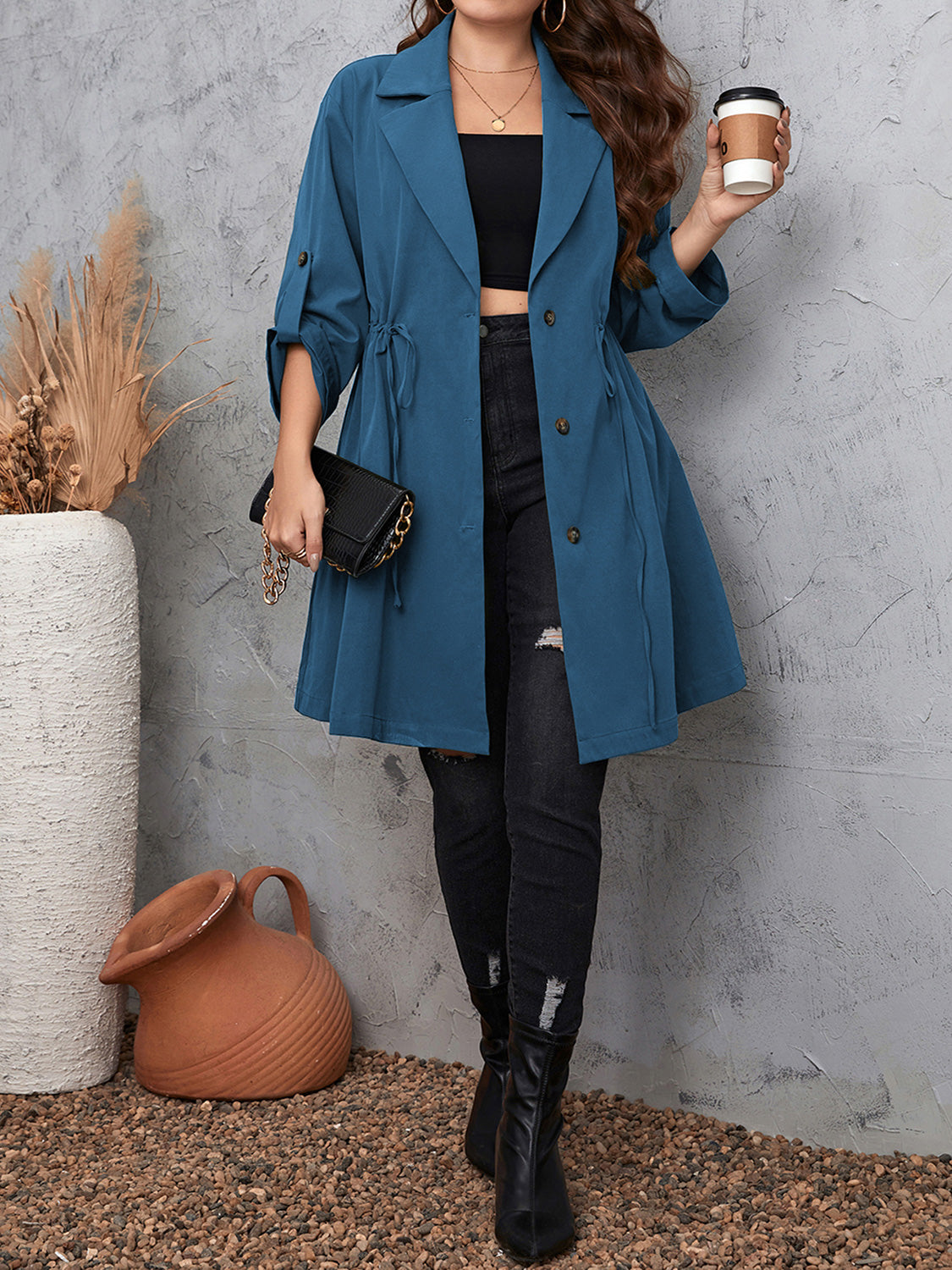 Plus Size Lapel Collar Drawstring Roll-Tab Sleeve Trench Coat - Dusty Blue