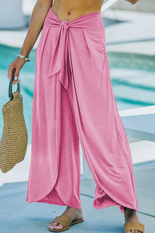 Knotted Waist Split Leg Relaxed Pants - Pink