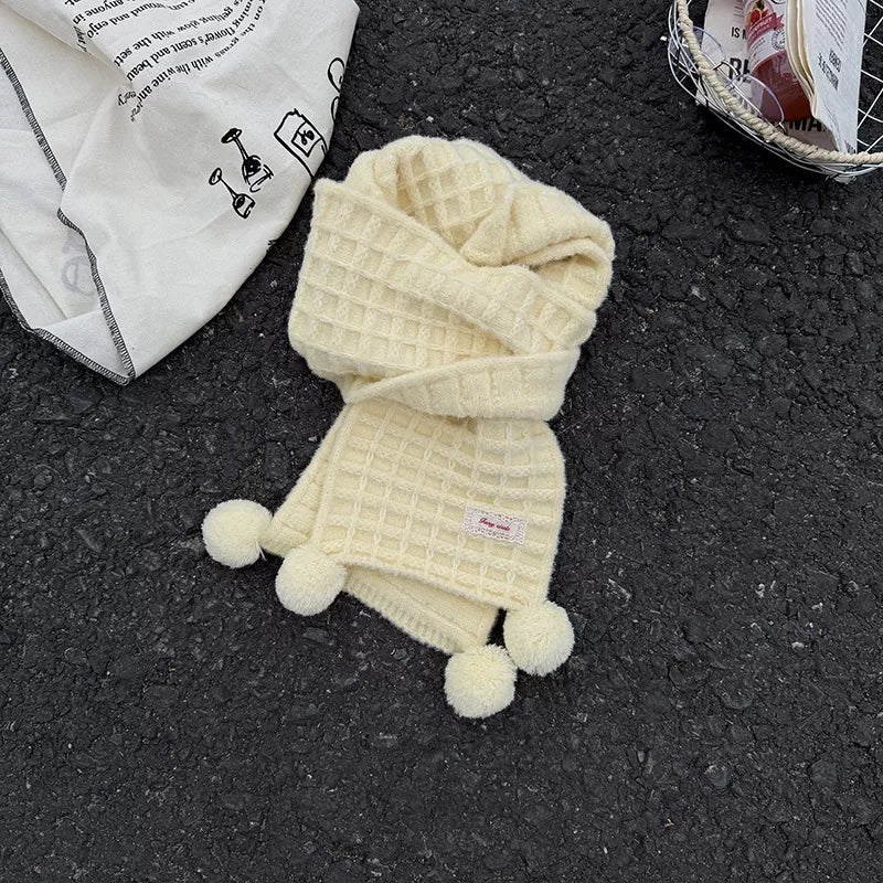 Waffle Knit Pom-Pom Scarf - Milky White One Size