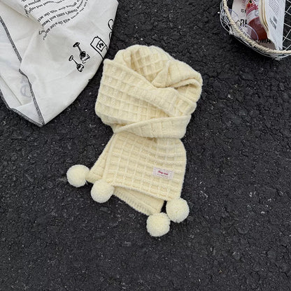 Waffle Knit Pom-Pom Scarf - Milky White One Size