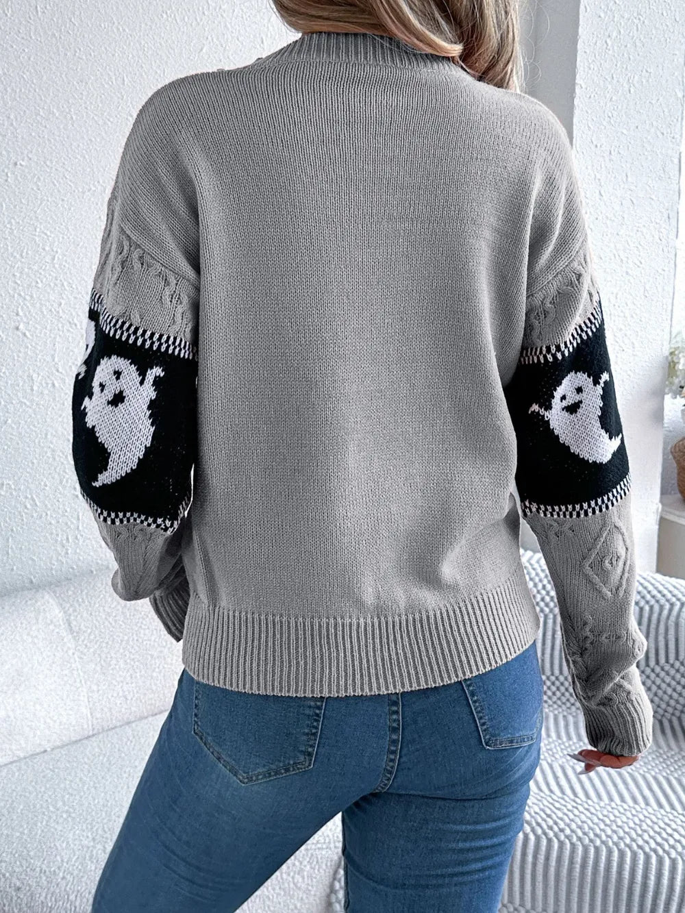 Ghost Round Neck Long Sleeve Sweater - Orange