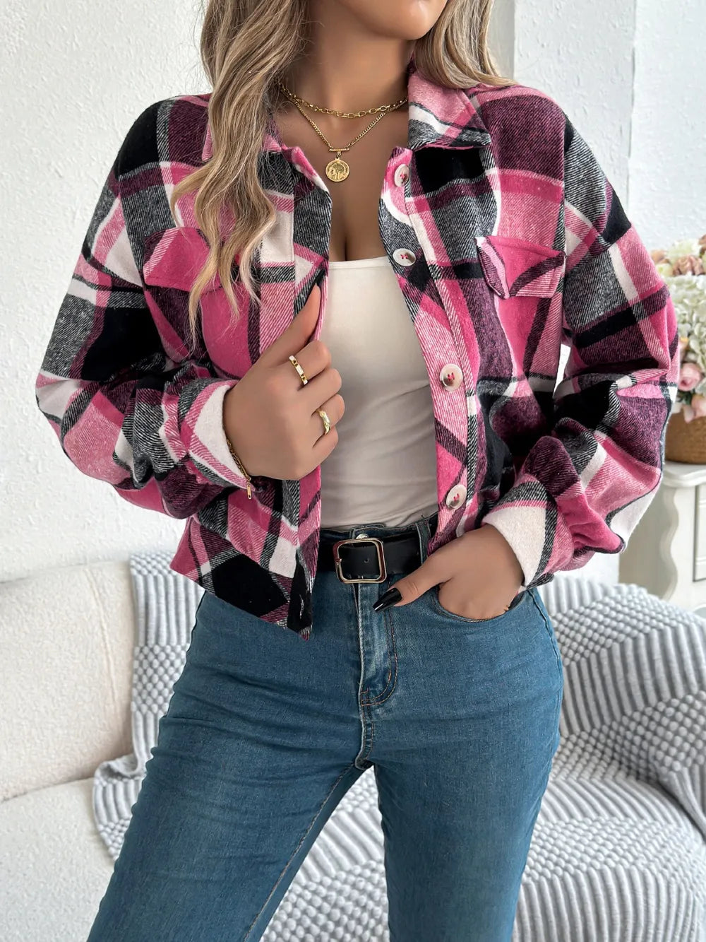 Plaid Button Up Long Sleeve Jacket - Fuchsia Pink