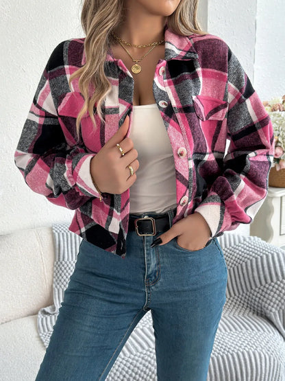 Plaid Button Up Long Sleeve Jacket - Fuchsia Pink