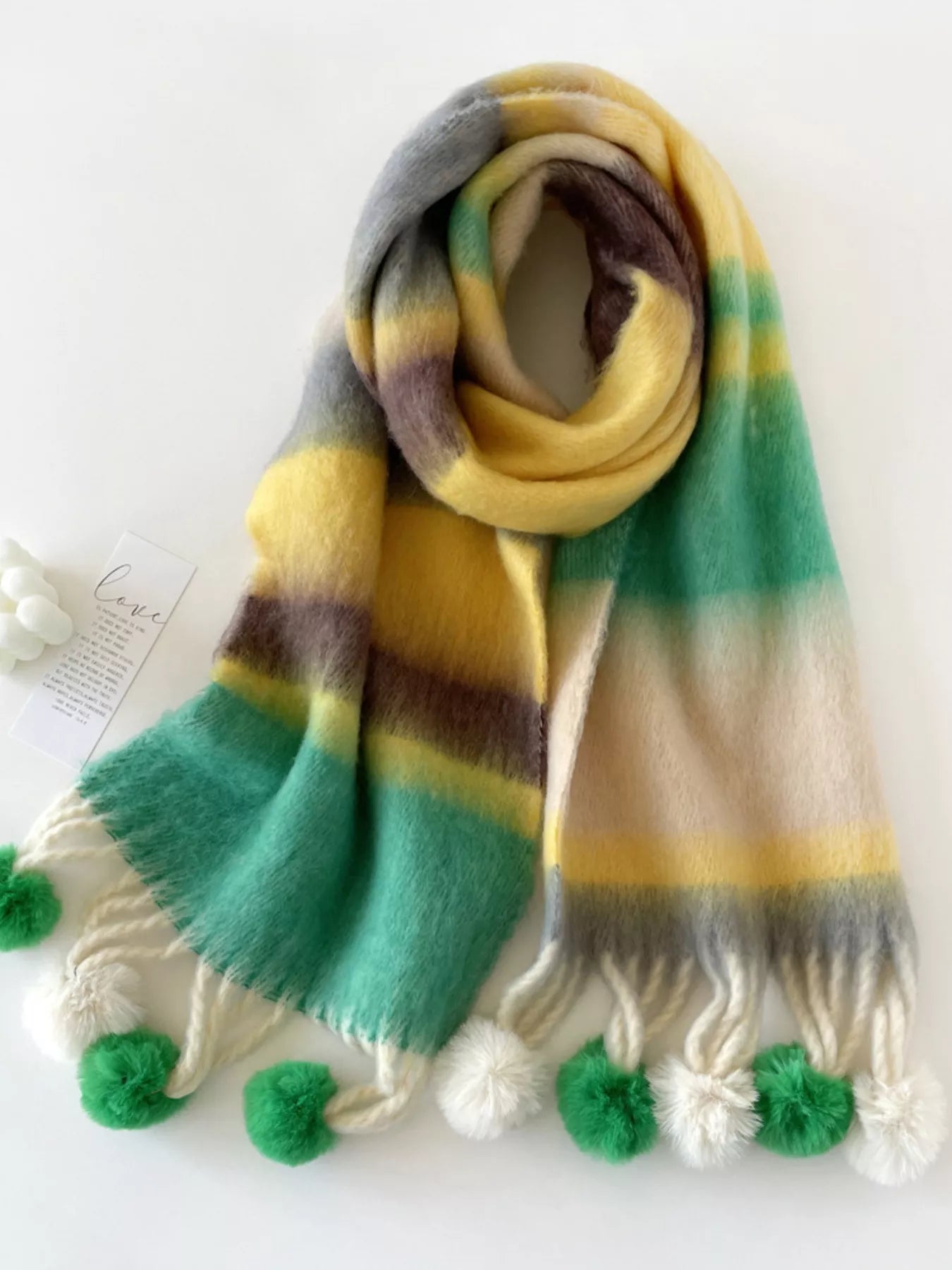 Rainbow Striped Fuzzy Scarf - Dark Green One Size