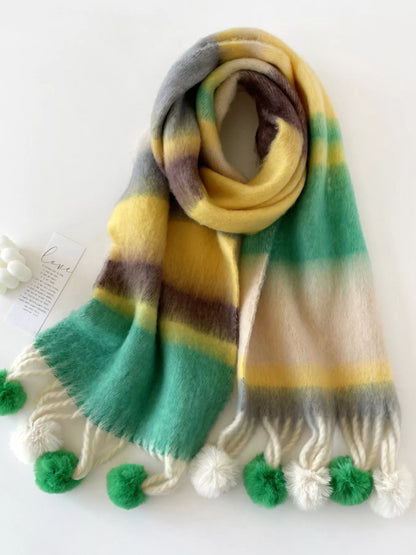 Rainbow Striped Fuzzy Scarf - Dark Green One Size