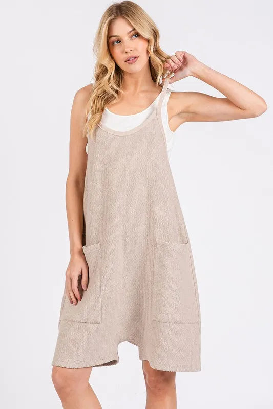 Scoop Neck Spaghetti Strap Overalls - Oatmeal