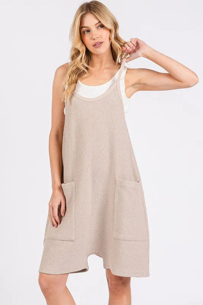 Scoop Neck Spaghetti Strap Overalls - Oatmeal