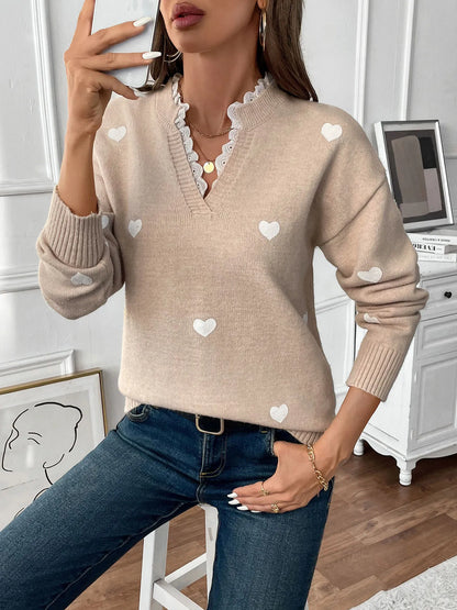 Heart V-Neck Long Sleeve Sweater -