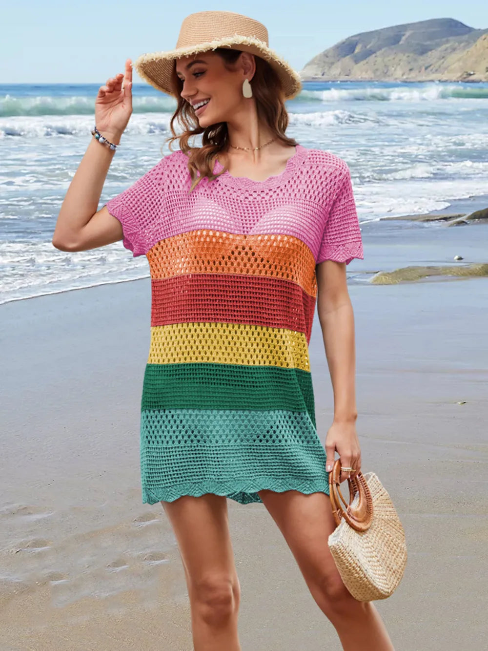 Openwork Round Neck Short Sleeve Cover-Up - Rainbow