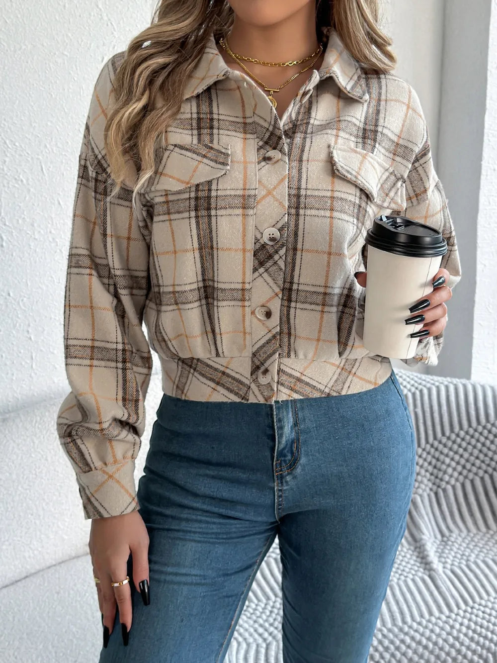 Plaid Button Up Long Sleeve Jacket - Dust Storm