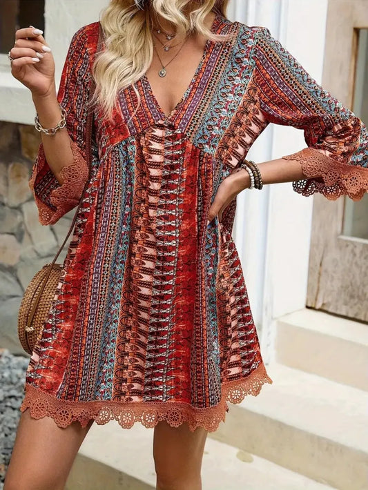 Lace Trim Printed V-Neck Dress - Rust