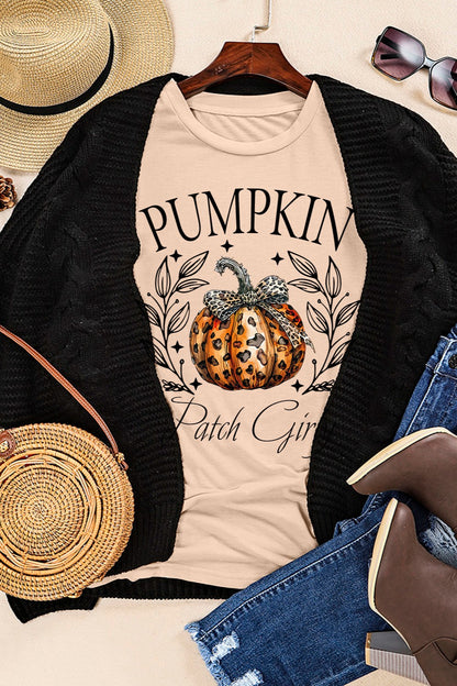 Pumpkin Graphic Round Neck Short Sleeve T-Shirt - Tan