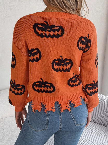 Pumpkin Pattern Raw Hem V-Neck Sweater - Orange