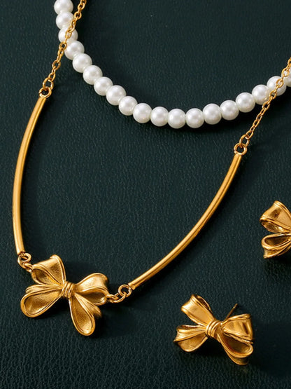 Pearl Necklace, Bow Necklace and Stud Earrings Jewelry Set -