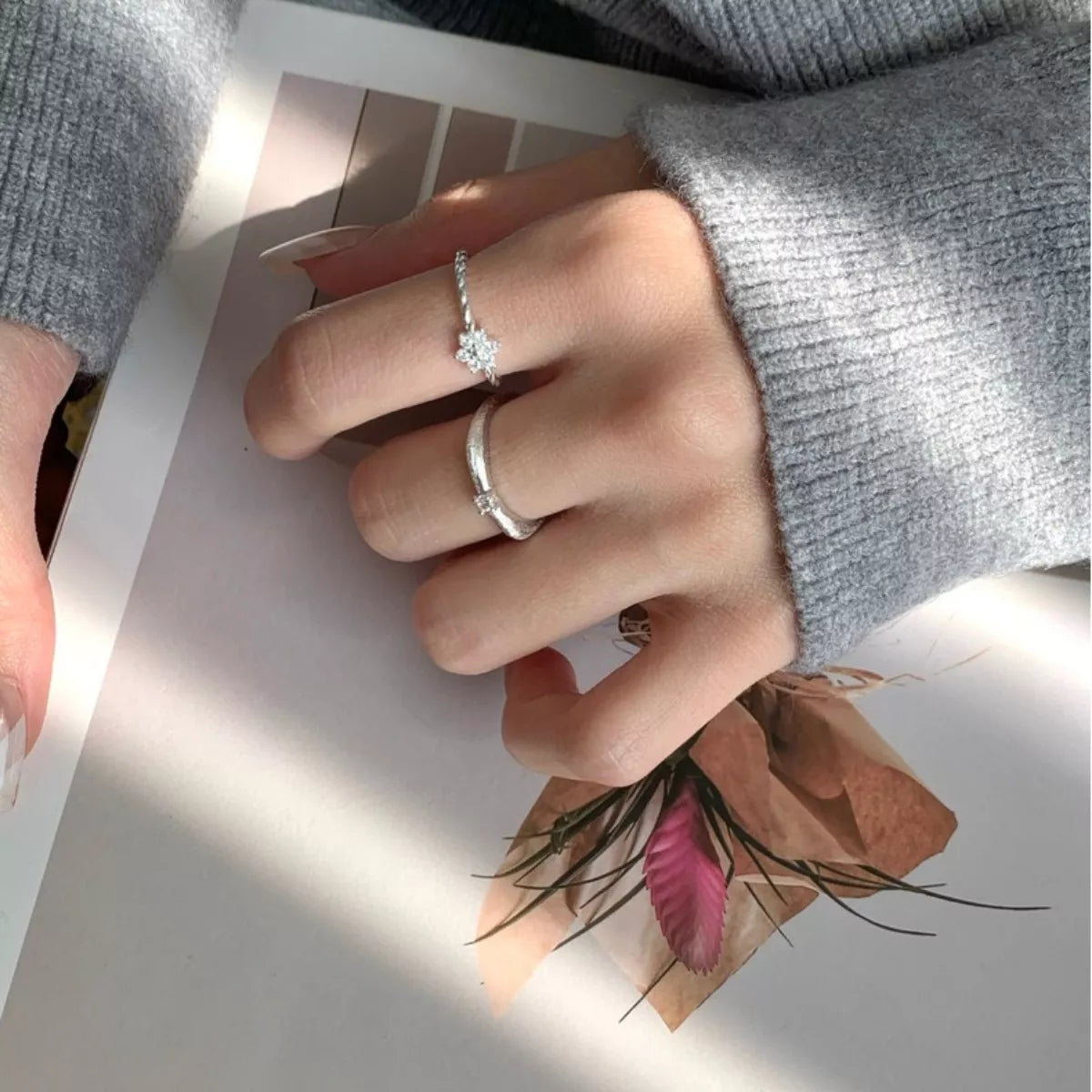 Sterling Silver Zircon Flower Open Ring -