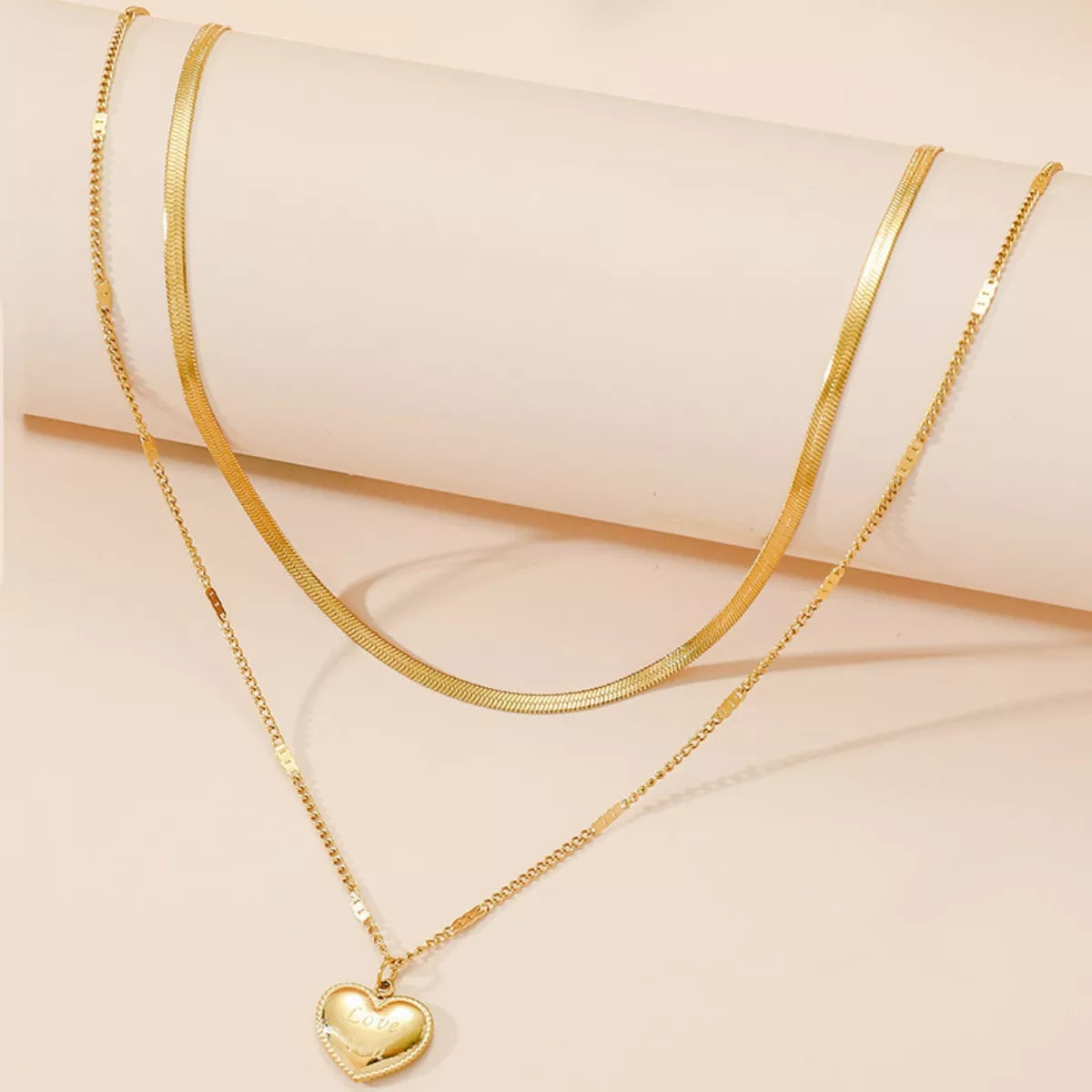 Gold-Plated Double Layered Heart Pendant Necklace -