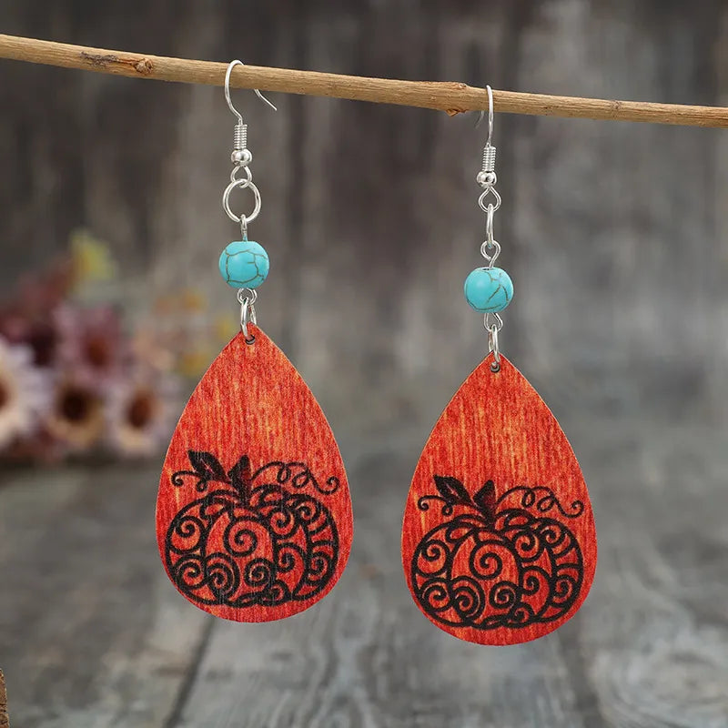 Turquoise Wooden Pumpkin Teardrop Earrings -