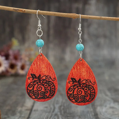 Turquoise Wooden Pumpkin Teardrop Earrings -