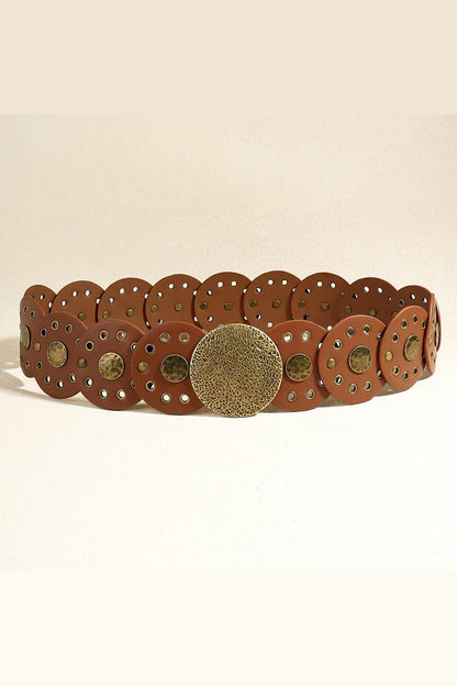 Round Shape PU Leather Belt - Brown Style A One Size