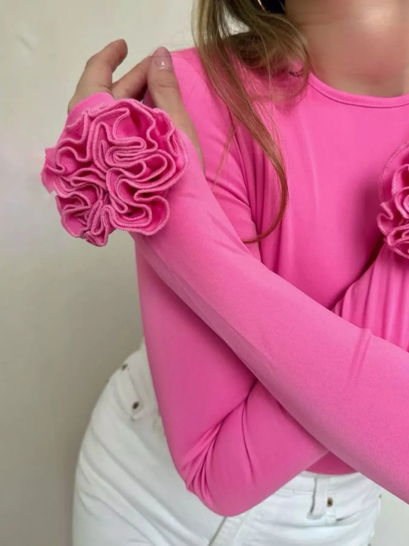 Flower Round Neck Long Sleeve T-Shirt - Hot Pink