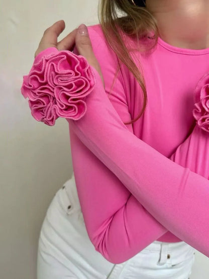 Flower Round Neck Long Sleeve T-Shirt - Hot Pink
