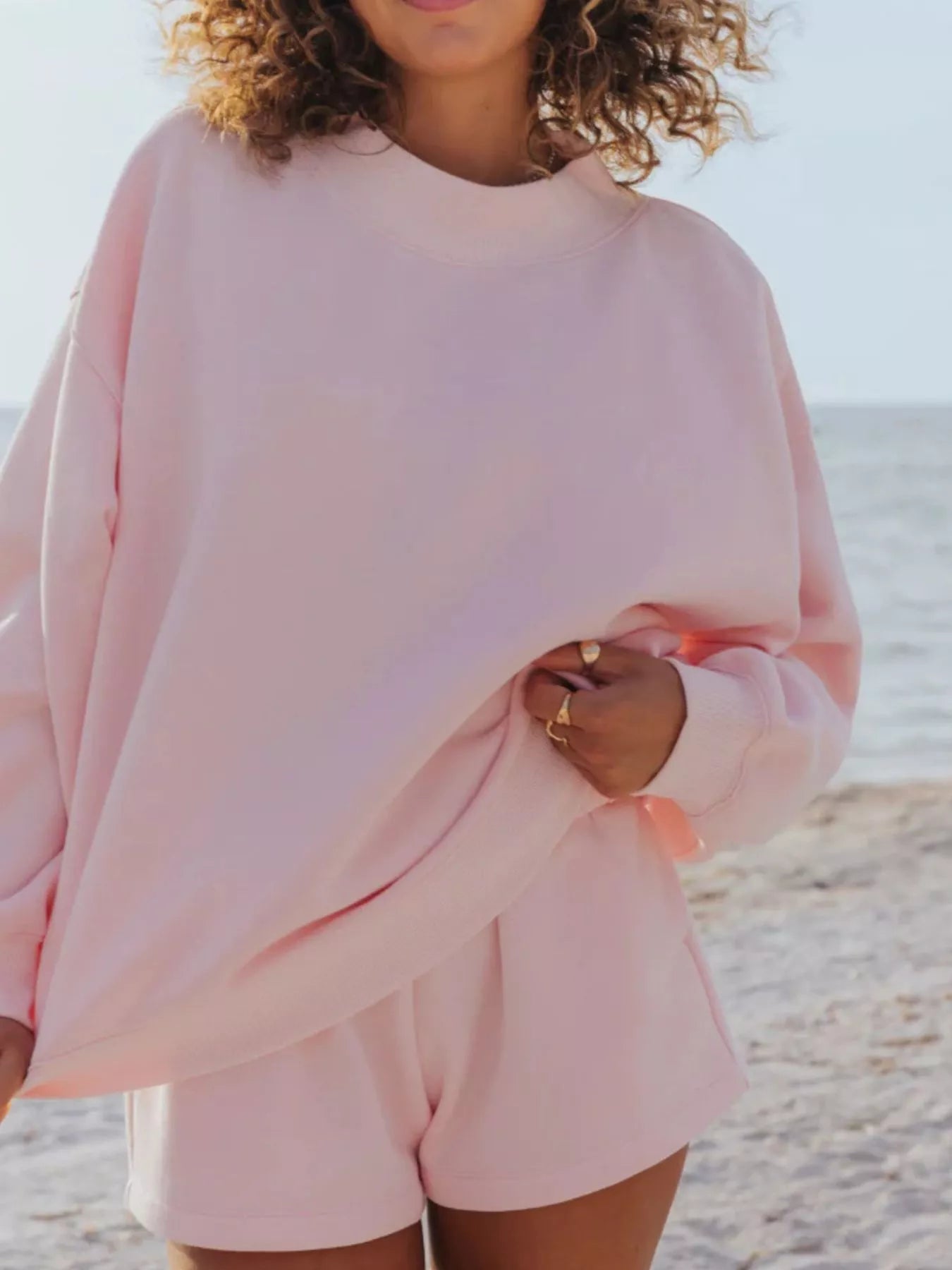 Relaxed Fit Round Neck Sweatshirt and Shorts Set -