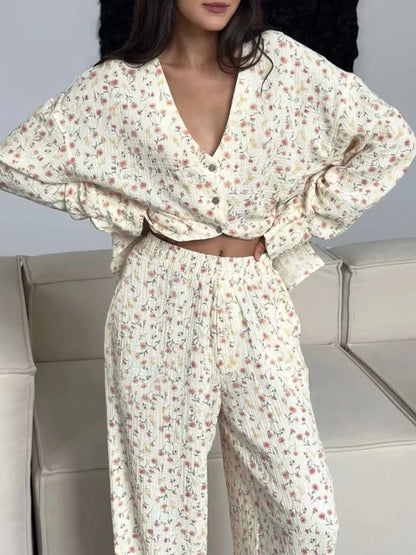 Floral Print Button-Down Top and Pants Lounge Set -