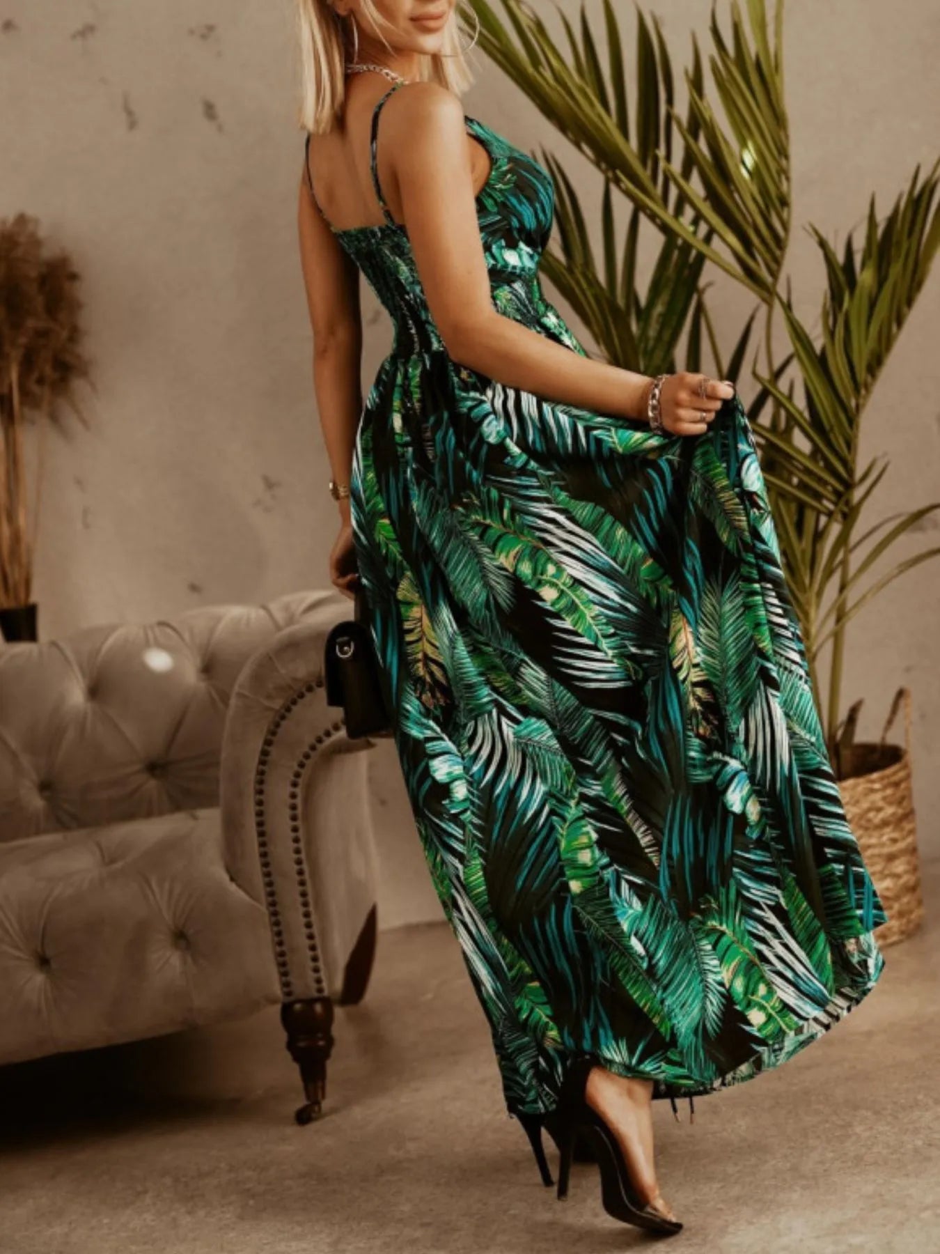 Printed Spaghetti Strap Maxi Dress -