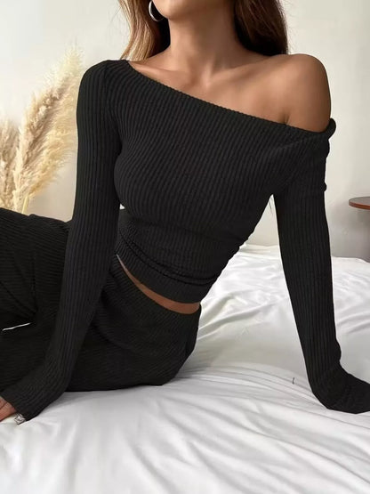 Ribbed Knit Boat Neck Top and Pants Set -