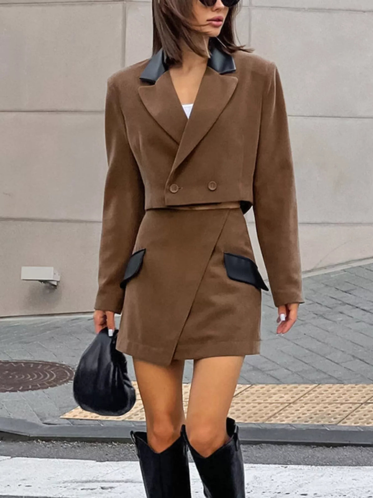 Double-Breasted Blazer and Asymmetrical Skirt Set -