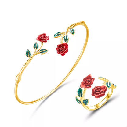 Rose Bypass Ring and Bracelet Jewelry Set -