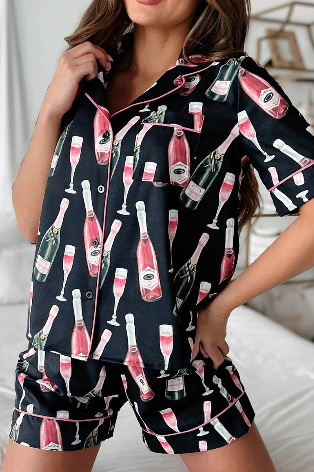 Champagne Print Short Sleeve Top and Shorts Set -