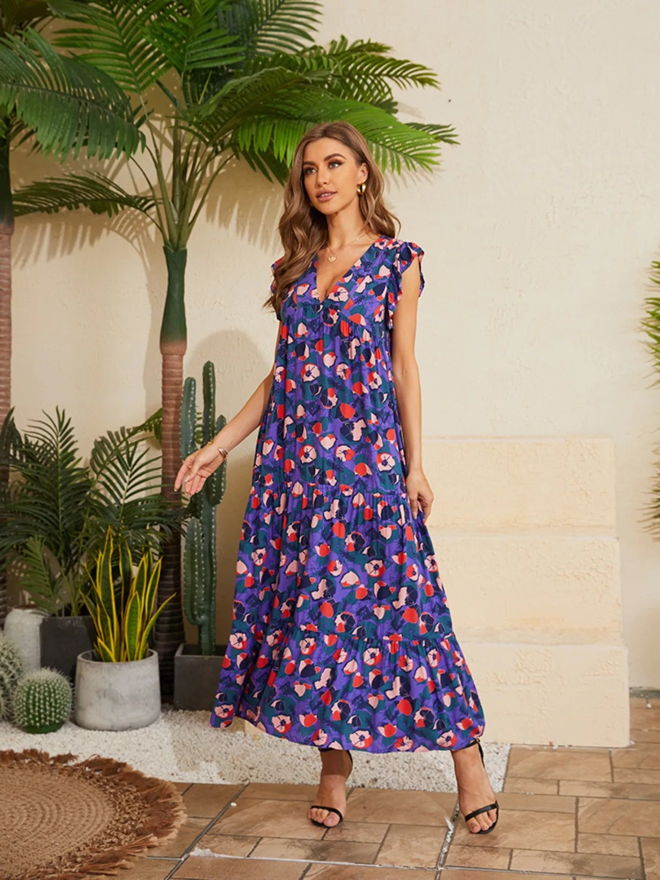 Floral V-Neck Cap Sleeve Summer Dress -