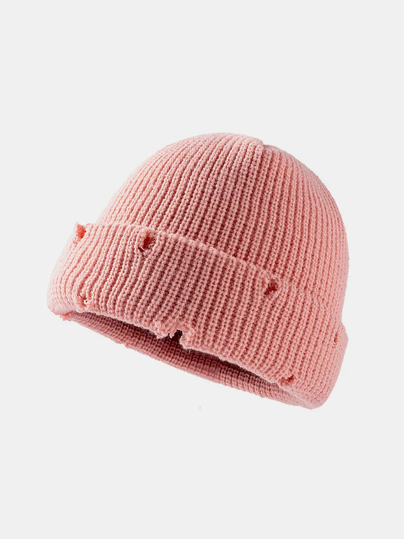 Distressed Cuffed Knit Hat - Pink One Size